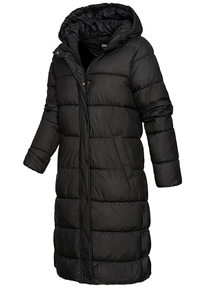 ONLY Damen langer Winter Puffermantel Steppjacke Kapuze 2-Pockets schwarz