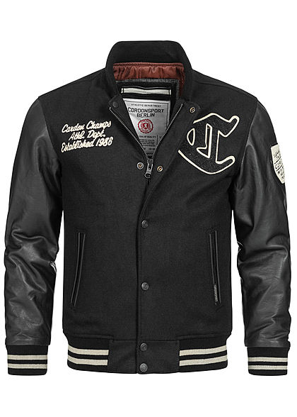 Cordon Sport Berlin Herren Lederjacke Materialmix Logo Frontpatch 2-Pockets schwarz