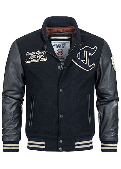 Cordon Sport Berlin Herren Lederjacke Materialmix Logo Frontpatch 2-Pockets navy blau