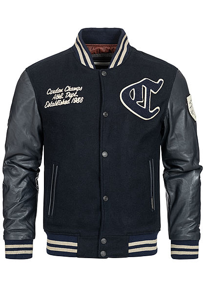Cordon Sport Berlin Herren Lederjacke Materialmix Logo Frontpatch 2-Pockets navy blau