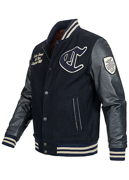 Cordon Sport Berlin Herren Lederjacke Materialmix Logo Frontpatch 2-Pockets navy blau