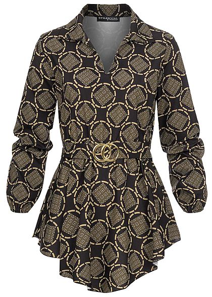Styleboom Fashion Damen Longform Bluse mit Schnalle AOP Print schwarz