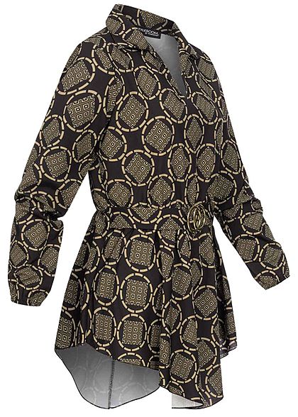 Styleboom Fashion Damen Longform Bluse mit Schnalle AOP Print schwarz