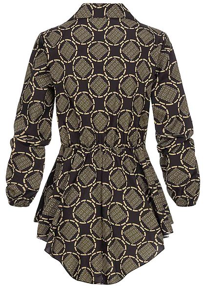 Styleboom Fashion Damen Longform Bluse mit Schnalle AOP Print schwarz