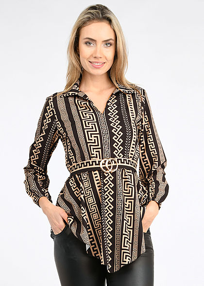 Styleboom Fashion Damen Longform Bluse mit Schnalle AOP Print schwarz