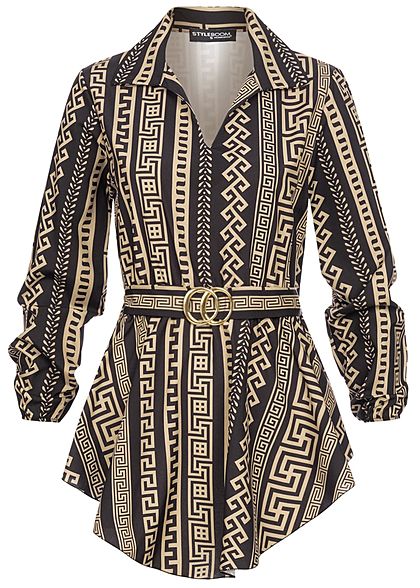 Styleboom Fashion Damen Longform Bluse mit Schnalle AOP Print schwarz