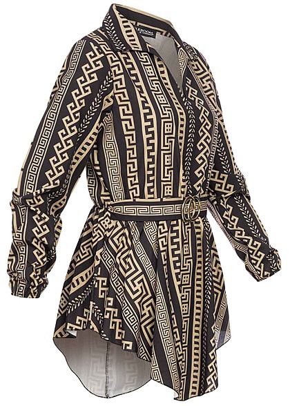Styleboom Fashion Damen Longform Bluse mit Schnalle AOP Print schwarz