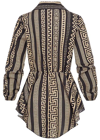 Styleboom Fashion Damen Longform Bluse mit Schnalle AOP Print schwarz