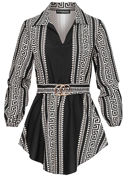 Styleboom Fashion Damen Turn-Up Longform Bluse mit Schnalle AOP Print schwarz