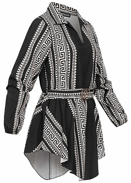 Styleboom Fashion Damen Turn-Up Longform Bluse mit Schnalle AOP Print schwarz