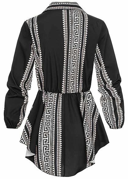 Styleboom Fashion Damen Turn-Up Longform Bluse mit Schnalle AOP Print schwarz