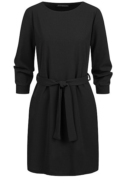 Styleboom Fashion Damen 3/4 Arm Mini Kleid mit Bindegürtel schwarz