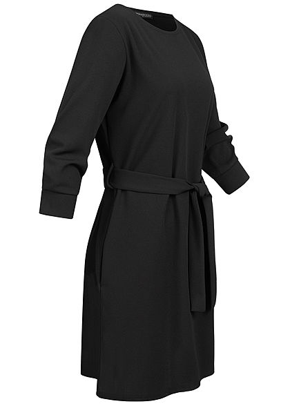 Styleboom Fashion Damen 3/4 Arm Mini Kleid mit Bindegürtel schwarz