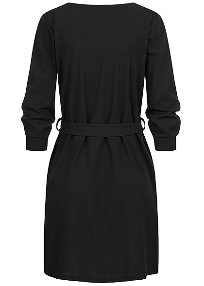 Styleboom Fashion Damen 3/4 Arm Mini Kleid mit Bindegürtel schwarz