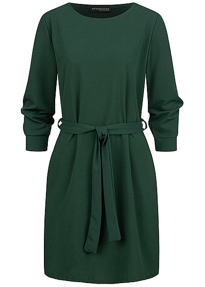 Styleboom Fashion Damen 3/4 Arm Mini Kleid mit Bindegürtel dunkel grün