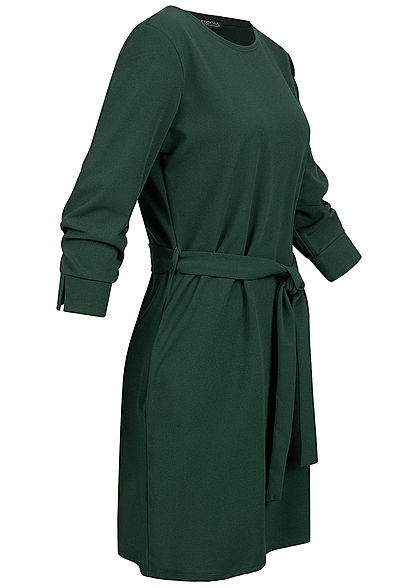 Styleboom Fashion Damen 3/4 Arm Mini Kleid mit Bindegürtel dunkel grün