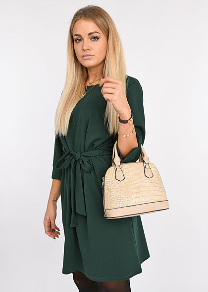 Styleboom Fashion Damen 3/4 Arm Mini Kleid mit Bindegürtel dunkel grün