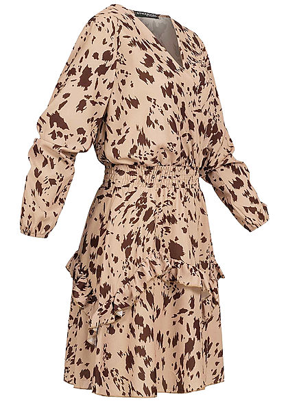 Styleboom Fashion Damen V-Neck Chiffon Crepe Kleid Stufenrock AOP Print beige