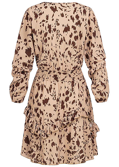 Styleboom Fashion Damen V-Neck Chiffon Crepe Kleid Stufenrock AOP Print beige