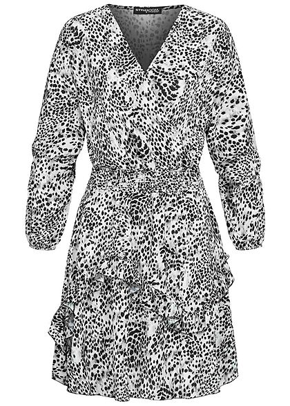 Styleboom Fashion Damen V-Neck Chiffon Crepe Kleid Stufenrock AOP Print weiss bk