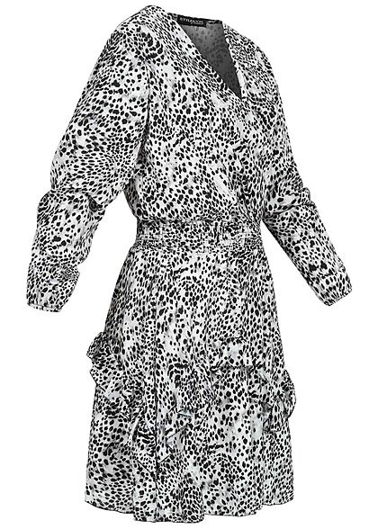 Styleboom Fashion Damen V-Neck Chiffon Crepe Kleid Stufenrock AOP Print weiss bk