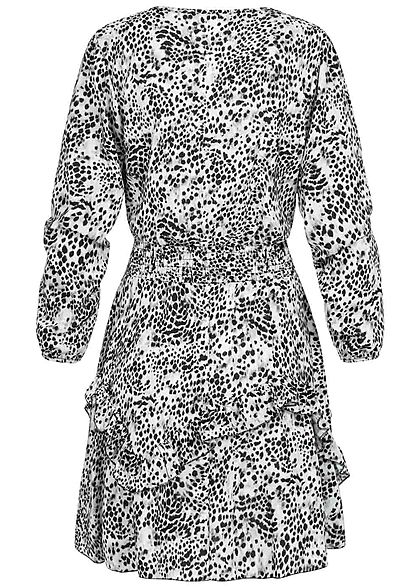 Styleboom Fashion Damen V-Neck Chiffon Crepe Kleid Stufenrock AOP Print weiss bk