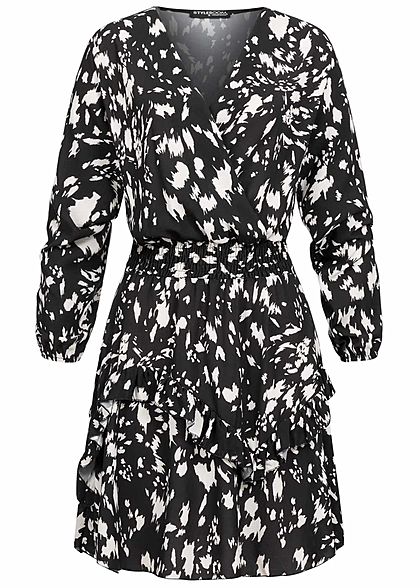 Styleboom Fashion Damen V-Neck Chiffon Crepe Kleid Stufenrock schwarz weiss
