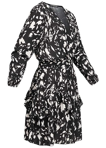 Styleboom Fashion Damen V-Neck Chiffon Crepe Kleid Stufenrock schwarz weiss