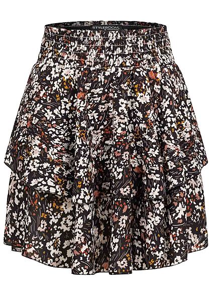 Styleboom Fashion Dames Minirok bloemenprint zwart multi color - Art.-Nr.: 20106443