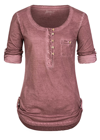 Seventyseven Lifestyle Damen Turn-Up Longsleeve Brusttasche Knopfleiste wine bordeaux rot