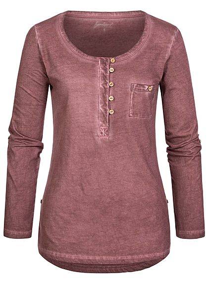 Seventyseven Lifestyle Damen Turn-Up Longsleeve Brusttasche Knopfleiste wine bordeaux rot
