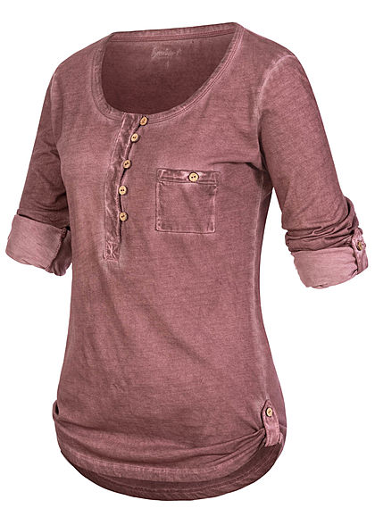 Seventyseven Lifestyle Damen Turn-Up Longsleeve Brusttasche Knopfleiste wine bordeaux rot