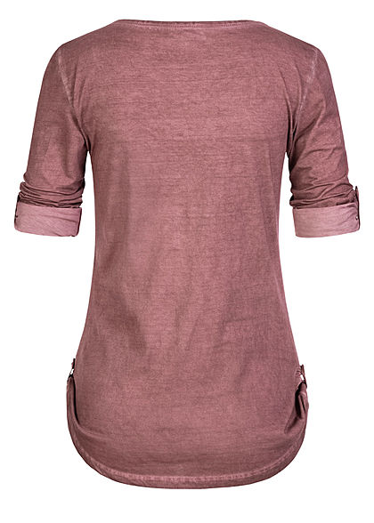 Seventyseven Lifestyle Damen Turn-Up Longsleeve Brusttasche Knopfleiste wine bordeaux rot