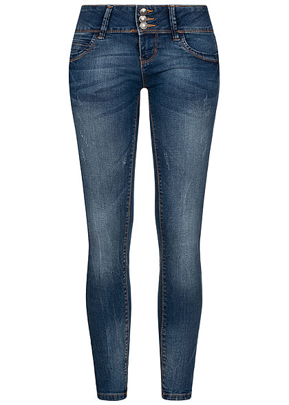 Seventyseven Lifestyle Damen Skinny Jeans Hose 5-Pockets 3er Knopfleiste dunkel blau