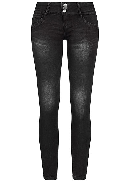 Seventyseven Lifestyle Damen Skinny Jeans Hose 5-Pockets 3er Knopfleiste schwarz denim