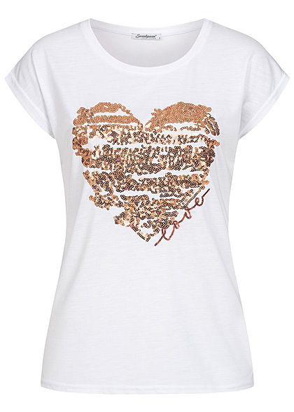 Seventyseven Lifestyle Damen Kurzarm T-Shirt Glitzer Herz Pailletten weiss kupfer