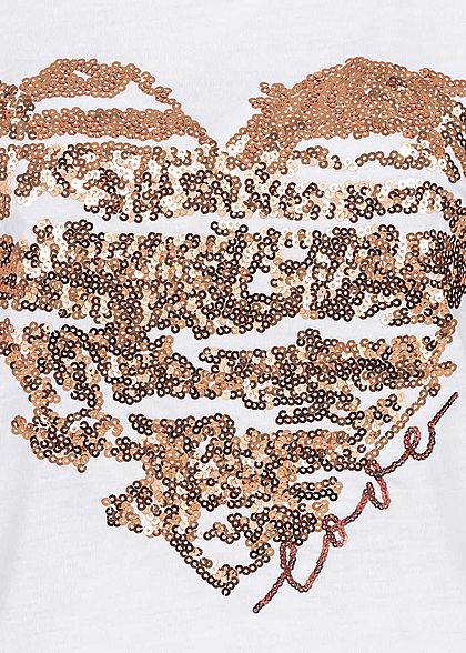 Seventyseven Lifestyle Damen Kurzarm T-Shirt Glitzer Herz Pailletten weiss kupfer