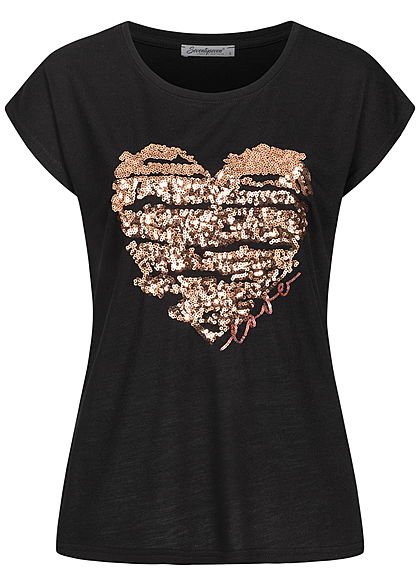 Seventyseven Lifestyle Damen Kurzarm T-Shirt Glitzer Herz Pailletten schwarz kupfer