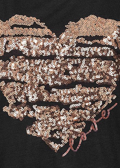 Seventyseven Lifestyle Damen Kurzarm T-Shirt Glitzer Herz Pailletten schwarz kupfer