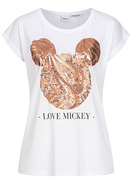 Seventyseven Lifestyle Damen Kurzarm T-Shirt Love Mickey Pailletten weiss kupfer