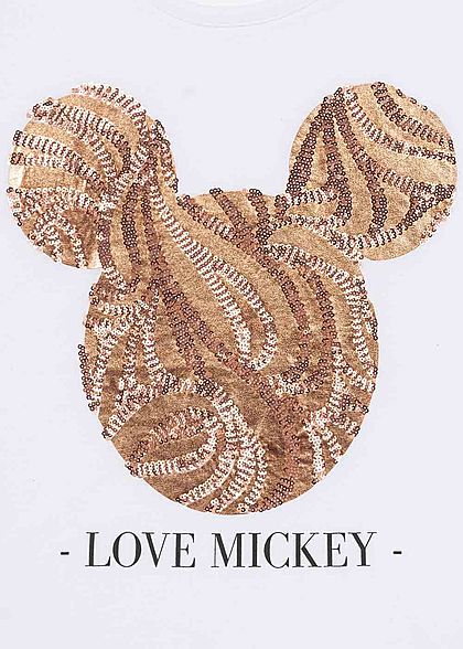 Seventyseven Lifestyle Damen Kurzarm T-Shirt Love Mickey Pailletten weiss kupfer