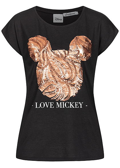 Seventyseven Lifestyle Damen Kurzarm T-Shirt Love Mickey Pailletten schwarz kupfer