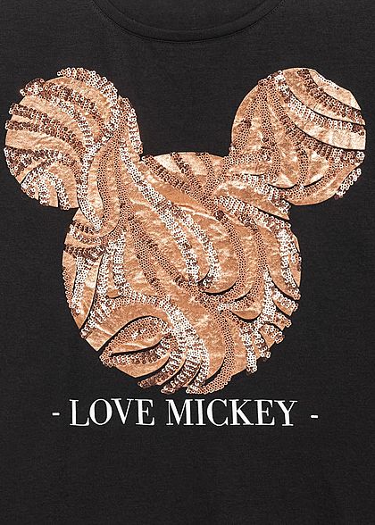 Seventyseven Lifestyle Damen Kurzarm T-Shirt Love Mickey Pailletten schwarz kupfer