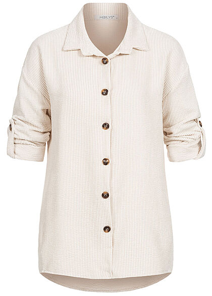 Hailys Damen Turn-Up Bluse in Feinkordoptik Knopfleiste lockerer Schnitt creme beige