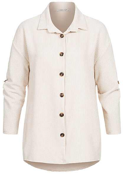 Hailys Damen Turn-Up Bluse in Feinkordoptik Knopfleiste lockerer Schnitt creme beige