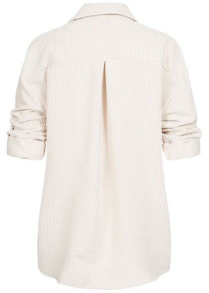 Hailys Damen Turn-Up Bluse in Feinkordoptik Knopfleiste lockerer Schnitt creme beige