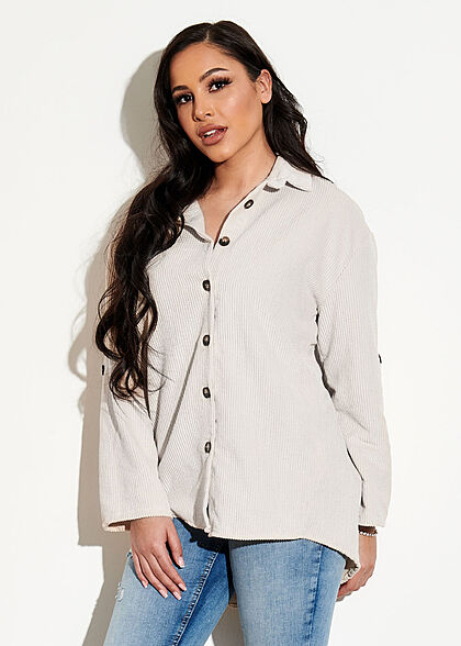 Hailys Damen Turn-Up Bluse in Feinkordoptik Knopfleiste lockerer Schnitt creme beige
