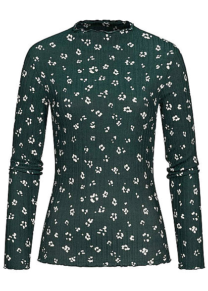 Tom Tailor Damen High-Neck Fineribbed Longsleeve m. Frill Blumen Print grün beige