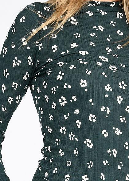 Tom Tailor Damen High-Neck Fineribbed Longsleeve m. Frill Blumen Print grün beige