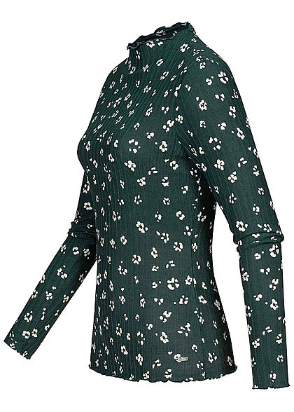 Tom Tailor Damen High-Neck Fineribbed Longsleeve m. Frill Blumen Print grün beige